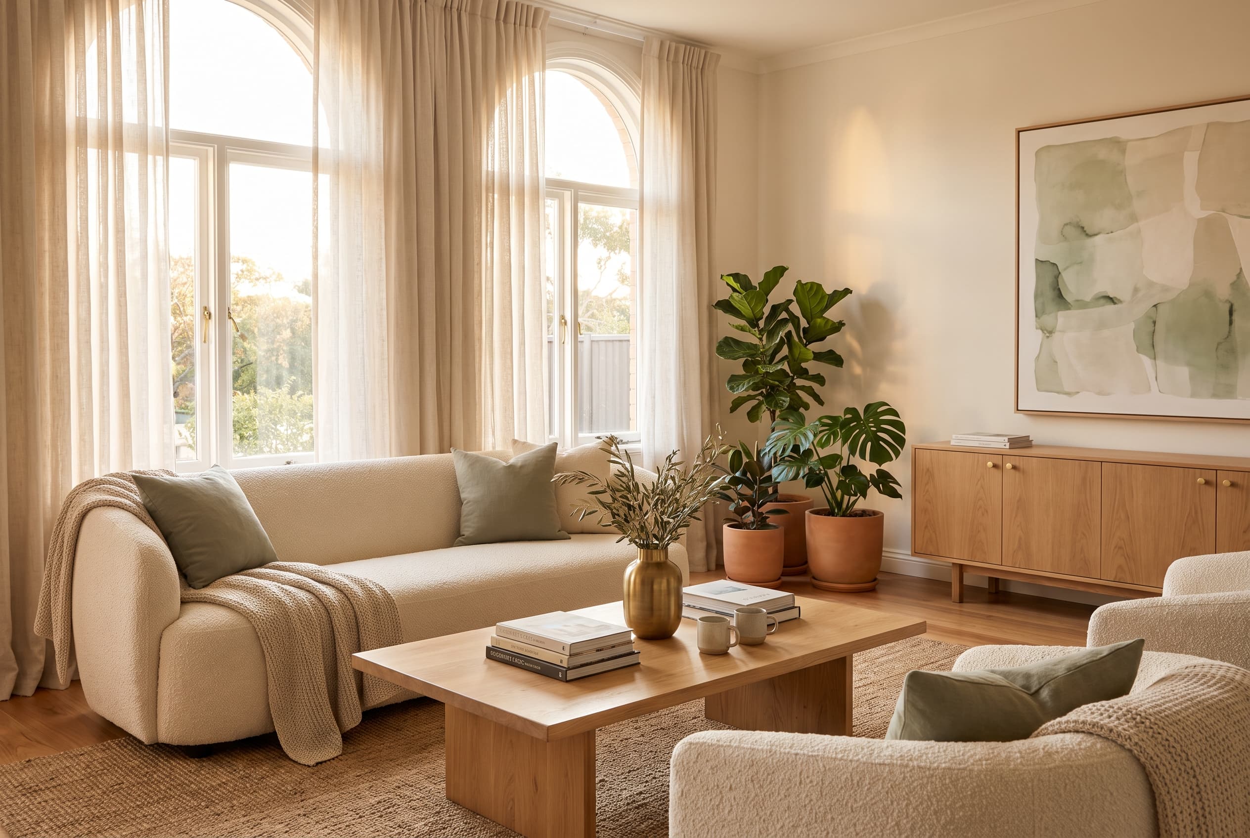 Sunlit, professionally styled short-term rental living room